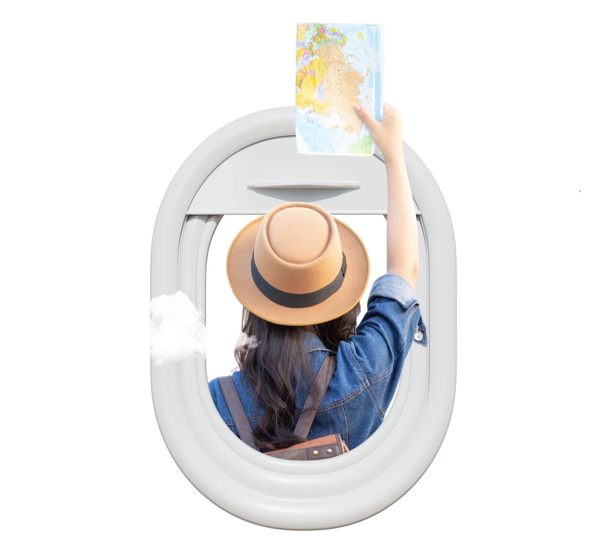 Ventana de avión con viajero mirando mapa